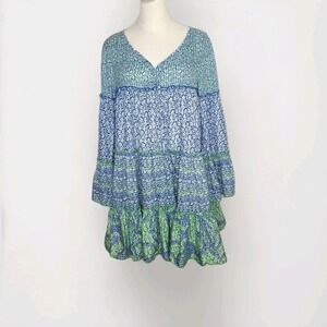 Chelsea & Theodore Dress Blue Green Tiered Mini Floral Boho Hippie‎ Beach Sz S